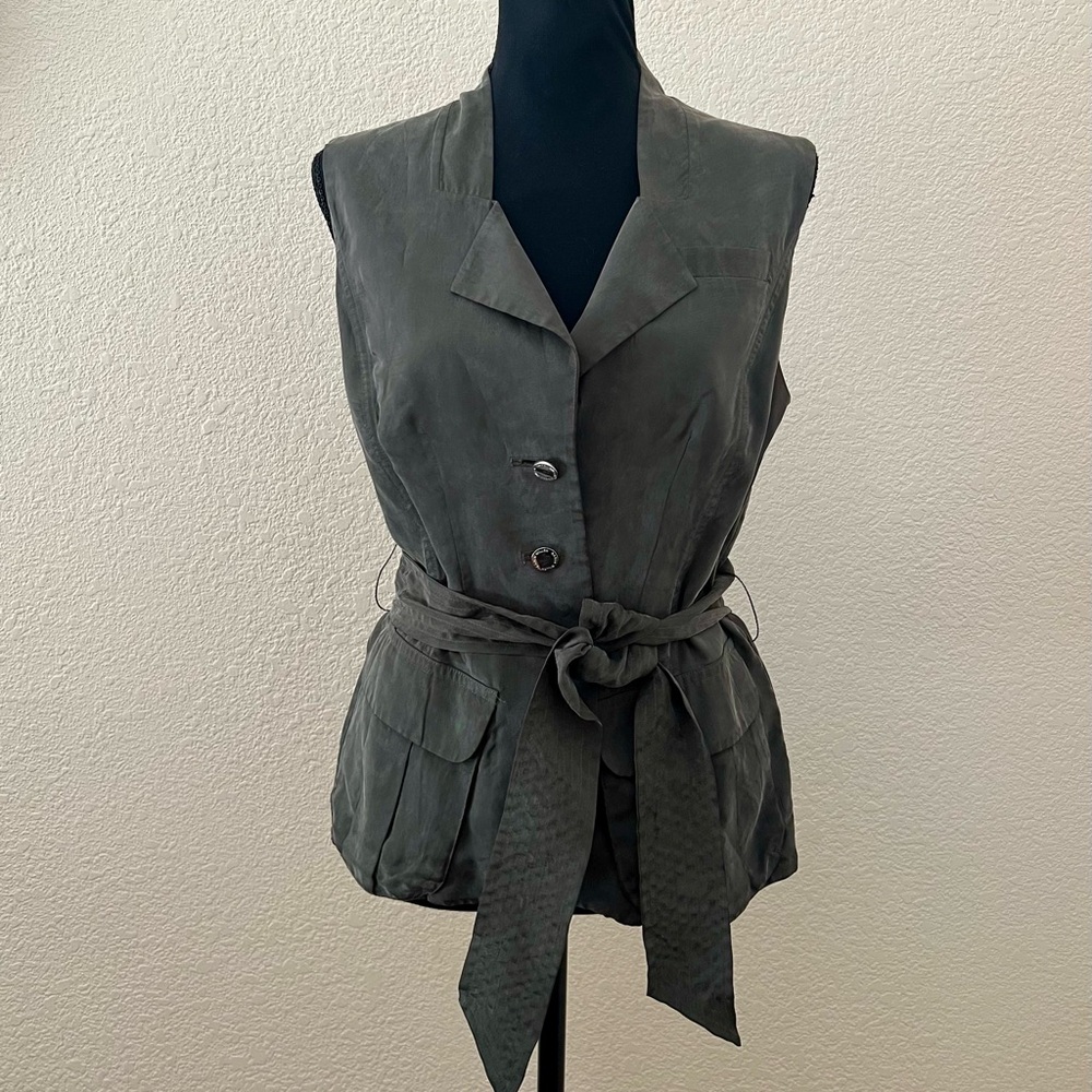 Karen Millen Dark Army Green Sleeveless Belted Blouse with Pockets Small